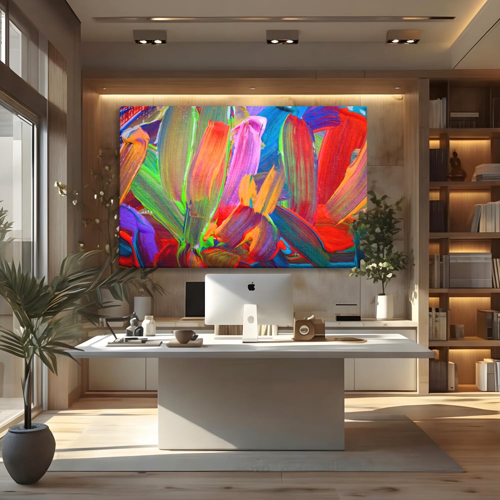 Tablou canvas cu pictura abstracta cu pensule grosiere, fara rama, pe sasiu de lemn, pe perete intr-un birou